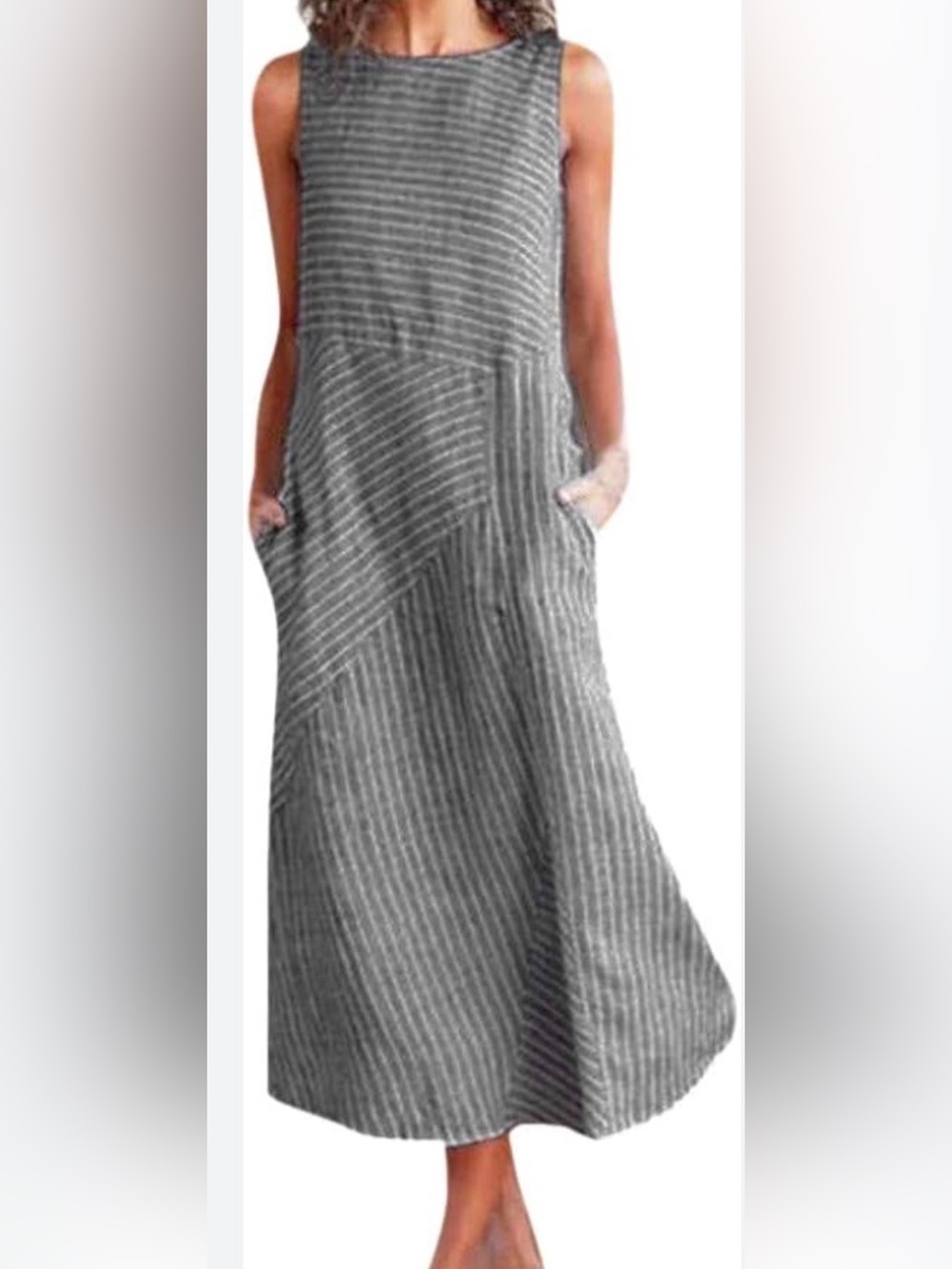 J. Jill Love Linen Grey White Striped Sleeveless Midi Dress Pockets
Size XL